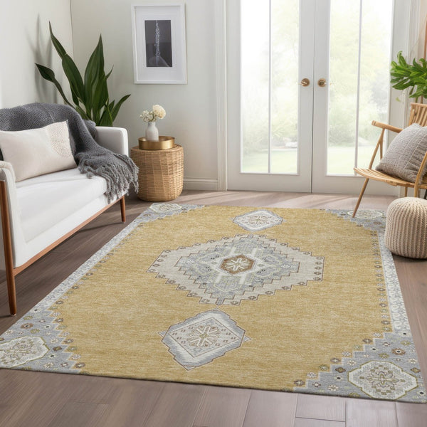 HomeRoots 9' X 12' Gold, Ivory & Gray Oriental Area Rug - Washable, UV Protected, Stain Resistant, Non-Slip 679569