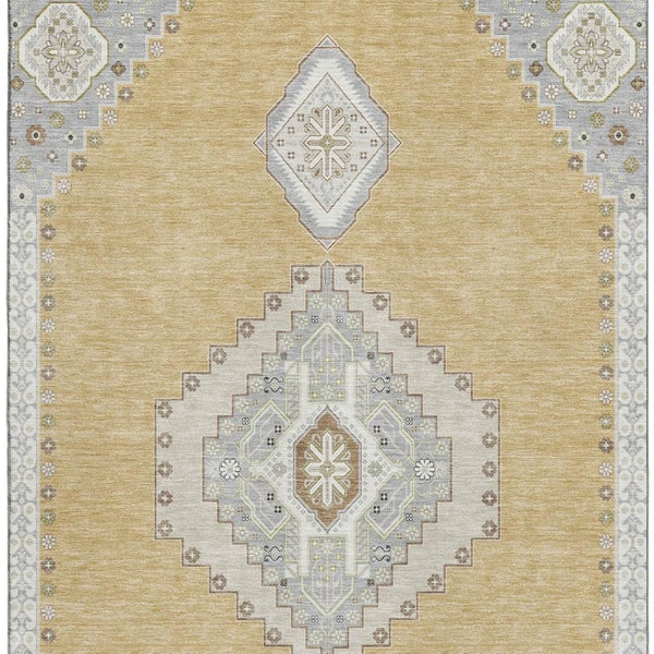 HomeRoots 9' X 12' Gold, Ivory & Gray Oriental Area Rug - Washable, UV Protected, Stain Resistant, Non-Slip 679569
