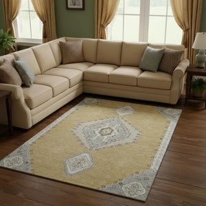 HomeRoots 10' X 14' Elegant Gold Ivory Gray Oriental Area Rug – Stain Resistant, UV Protected & Easy Care! 679570