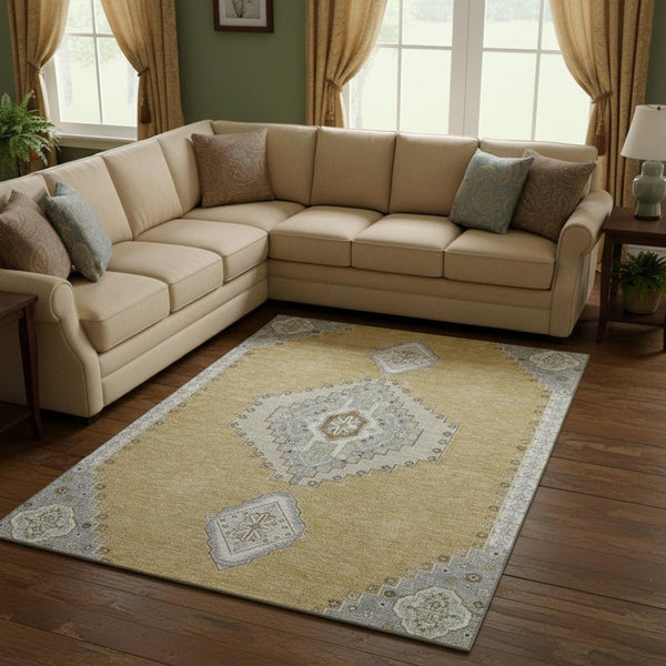 HomeRoots 10' X 14' Elegant Gold Ivory Gray Oriental Area Rug – Stain Resistant, UV Protected & Easy Care! 679570