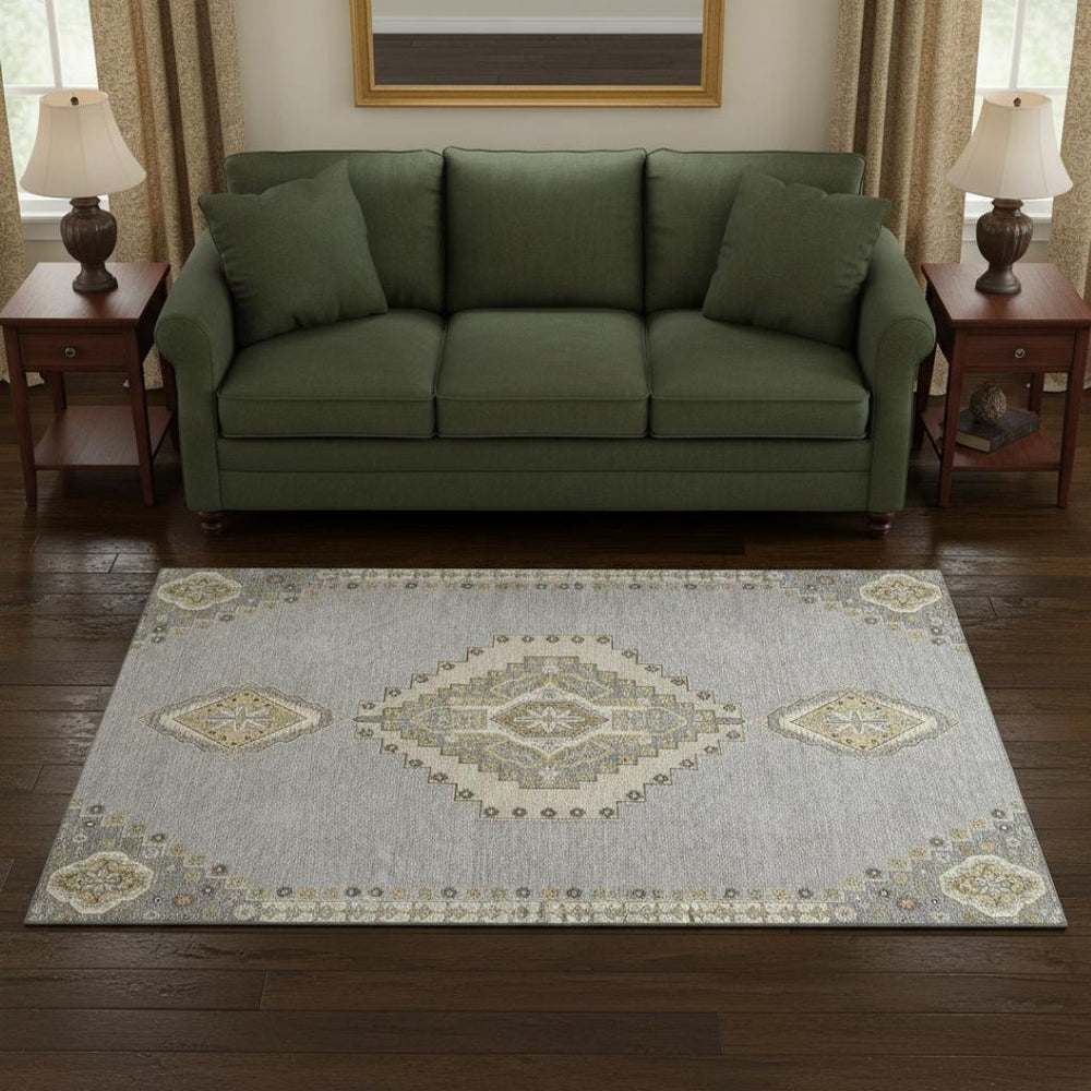HomeRoots 5' X 8' Elegant Gray Gold Beige Oriental Washable Area Rug with UV Protection for Busy Homes 679572