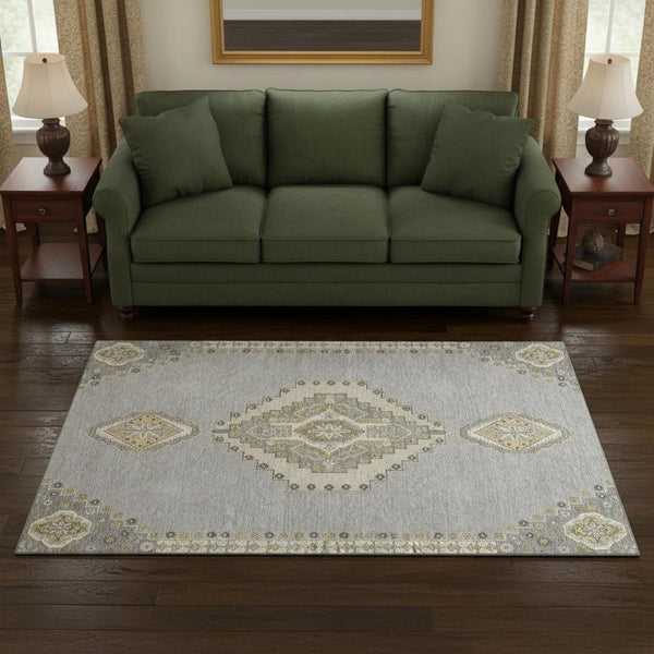 HomeRoots 5' X 8' Elegant Gray Gold Beige Oriental Washable Area Rug with UV Protection for Busy Homes 679572