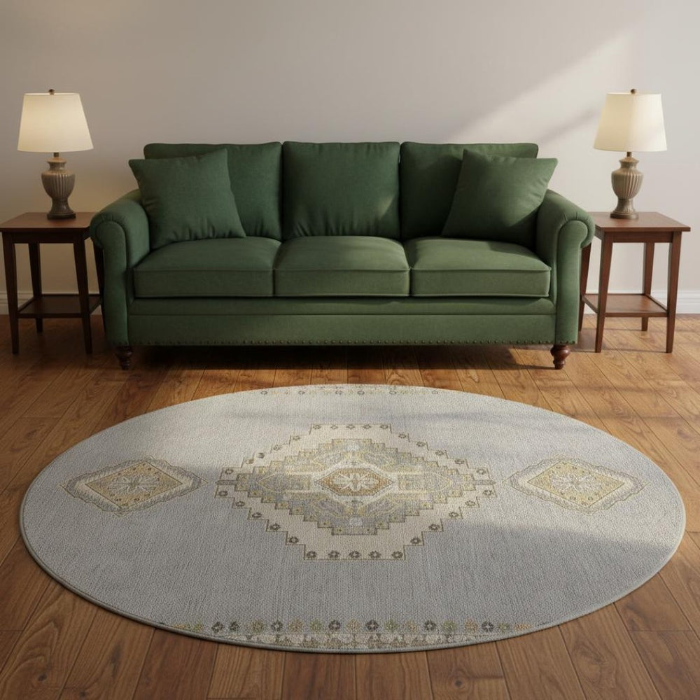 HomeRoots 8' Washable Gray Gold and Beige Oriental Round Rug with UV Protection for Timeless Home Style 679573