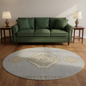 HomeRoots 8' Washable Gray Gold and Beige Oriental Round Rug with UV Protection for Timeless Home Style 679573