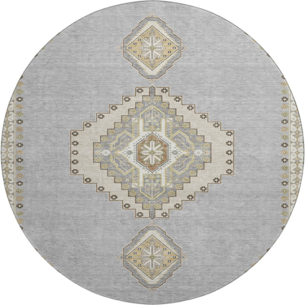 HomeRoots 8' Washable Gray Gold and Beige Oriental Round Rug with UV Protection for Timeless Home Style 679573