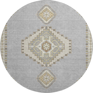 HomeRoots 8' Washable Gray Gold and Beige Oriental Round Rug with UV Protection for Timeless Home Style 679573