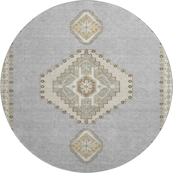 HomeRoots 8' Washable Gray Gold and Beige Oriental Round Rug with UV Protection for Timeless Home Style 679573