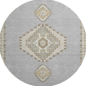 HomeRoots 8' Washable Gray Gold and Beige Oriental Round Rug with UV Protection for Timeless Home Style 679573