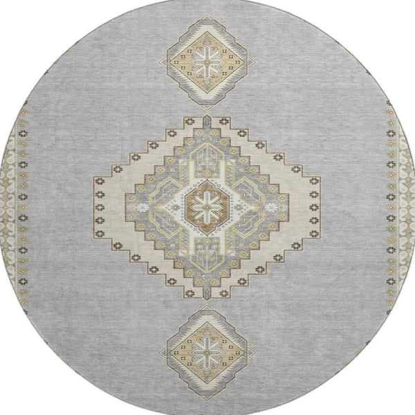 HomeRoots 8' Washable Gray Gold and Beige Oriental Round Rug with UV Protection for Timeless Home Style 679573