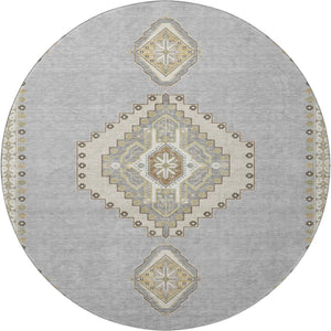 HomeRoots 8' Washable Gray Gold and Beige Oriental Round Rug with UV Protection for Timeless Home Style 679573