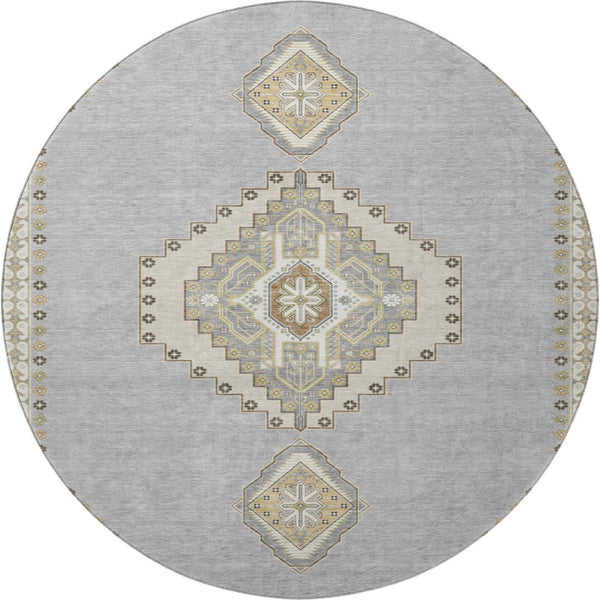HomeRoots 8' Washable Gray Gold and Beige Oriental Round Rug with UV Protection for Timeless Home Style 679573