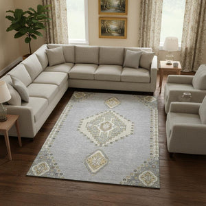 HomeRoots 8' X 10' Gray Gold Beige Oriental Area Rug - Washable, UV Protected, Durable for High-Traffic Homes 679574