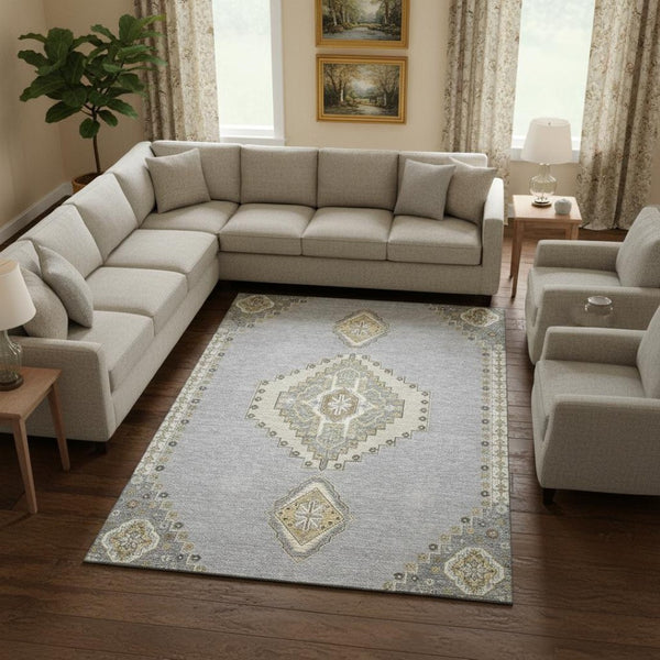 HomeRoots 8' X 10' Gray Gold Beige Oriental Area Rug - Washable, UV Protected, Durable for High-Traffic Homes 679574