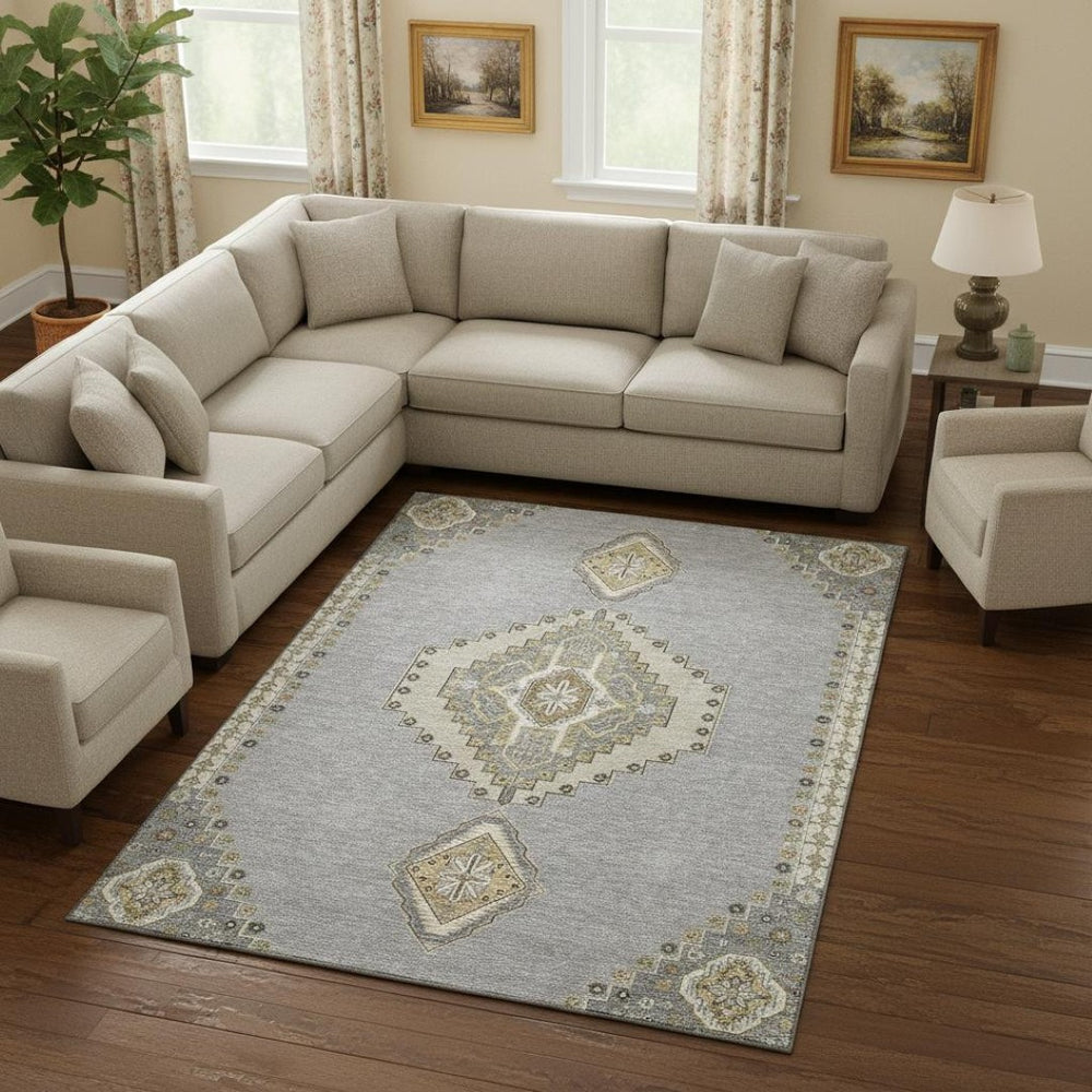HomeRoots 9' X 12' Gray Gold Beige Oriental Area Rug - Durable, Stain-Resistant, UV-Protected for Family Spaces 679575