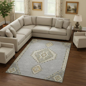 HomeRoots 9' X 12' Gray Gold Beige Oriental Area Rug - Durable, Stain-Resistant, UV-Protected for Family Spaces 679575
