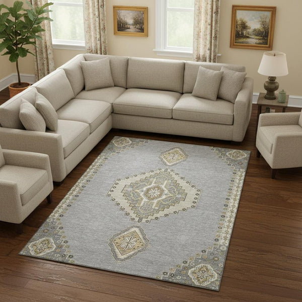 HomeRoots 9' X 12' Gray Gold Beige Oriental Area Rug - Durable, Stain-Resistant, UV-Protected for Family Spaces 679575