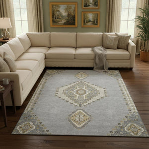HomeRoots 10' Gray, Gold & Beige Oriental Washable Area Rug - UV Protected, Stain-Resistant for Active Homes 679576