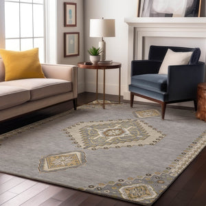 HomeRoots 10' Gray, Gold & Beige Oriental Washable Area Rug - UV Protected, Stain-Resistant for Active Homes 679576