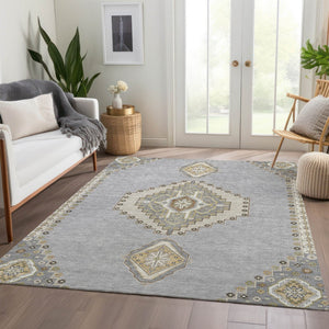 HomeRoots 10' Gray, Gold & Beige Oriental Washable Area Rug - UV Protected, Stain-Resistant for Active Homes 679576
