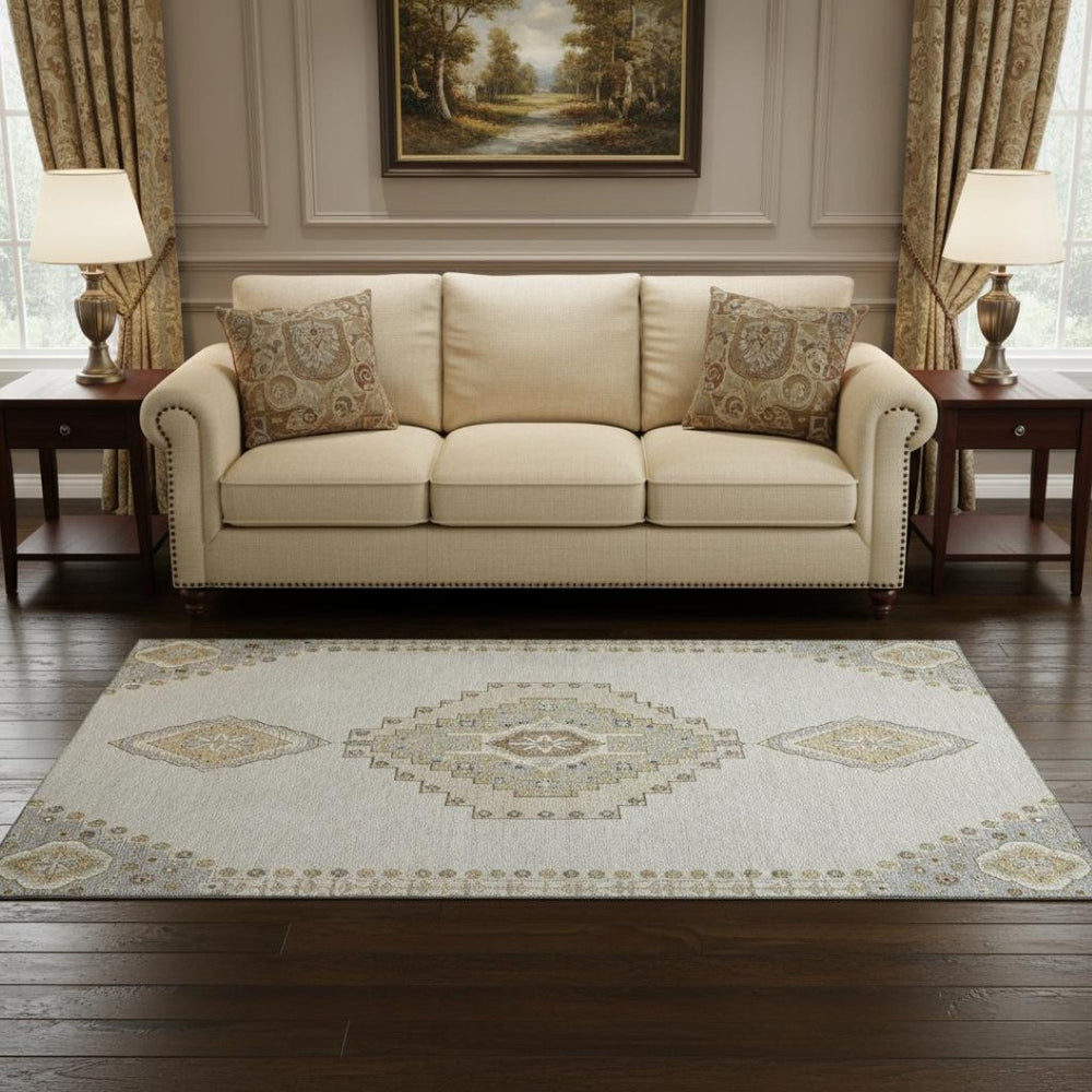 HomeRoots 5' X 8' Elegant Ivory Gray Beige Oriental Washable Rug with UV Protection & Stain Resistance 679578