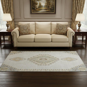 HomeRoots 5' X 8' Elegant Ivory Gray Beige Oriental Washable Rug with UV Protection & Stain Resistance 679578