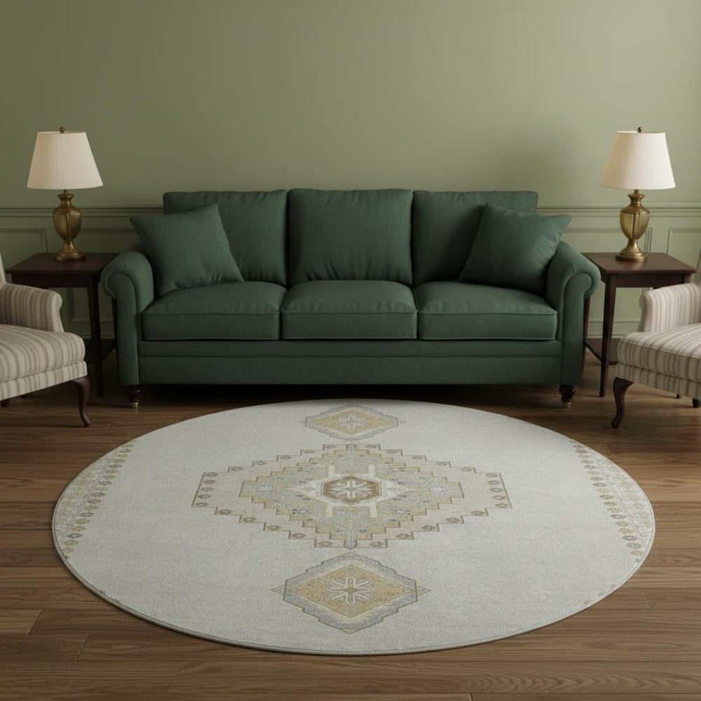 HomeRoots 8' Elegant Ivory Gray Beige Oriental Round Rug - Washable, Stain Resistant, UV Protected for Homes 679579