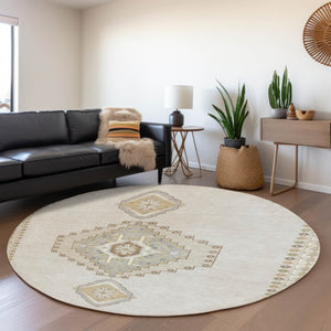 HomeRoots 8' Elegant Ivory Gray Beige Oriental Round Rug - Washable, Stain Resistant, UV Protected for Homes 679579
