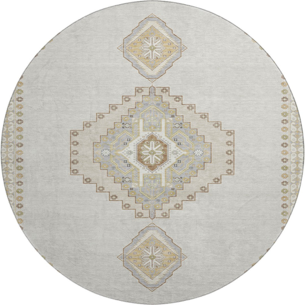 HomeRoots 8' Elegant Ivory Gray Beige Oriental Round Rug - Washable, Stain Resistant, UV Protected for Homes 679579