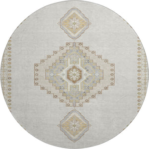 HomeRoots 8' Elegant Ivory Gray Beige Oriental Round Rug - Washable, Stain Resistant, UV Protected for Homes 679579