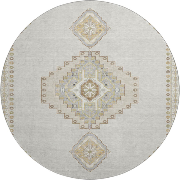 HomeRoots 8' Elegant Ivory Gray Beige Oriental Round Rug - Washable, Stain Resistant, UV Protected for Homes 679579