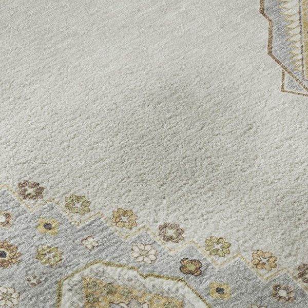 HomeRoots 8' Elegant Ivory Gray Beige Oriental Round Rug - Washable, Stain Resistant, UV Protected for Homes 679579