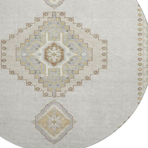 HomeRoots 8' Elegant Ivory Gray Beige Oriental Round Rug - Washable, Stain Resistant, UV Protected for Homes 679579