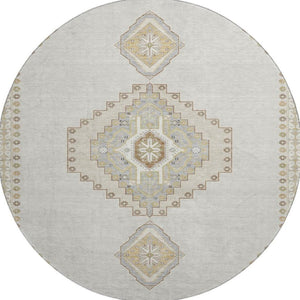 HomeRoots 8' Elegant Ivory Gray Beige Oriental Round Rug - Washable, Stain Resistant, UV Protected for Homes 679579
