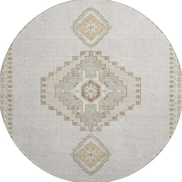 HomeRoots 8' Elegant Ivory Gray Beige Oriental Round Rug - Washable, Stain Resistant, UV Protected for Homes 679579