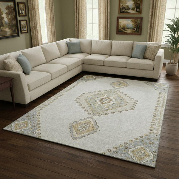 HomeRoots 8' X 10' Elegant Ivory Gray Beige Oriental Washable Area Rug - UV Protected, Stain Resistant & Durable! 679580