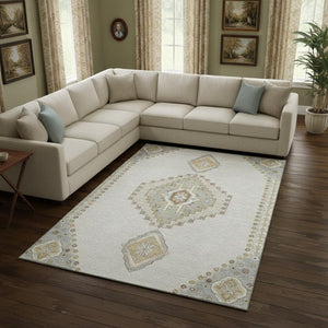 HomeRoots 9' X 12' Ivory Gray Beige Oriental Washable Area Rug with UV Protection for High-Traffic Spaces 679581