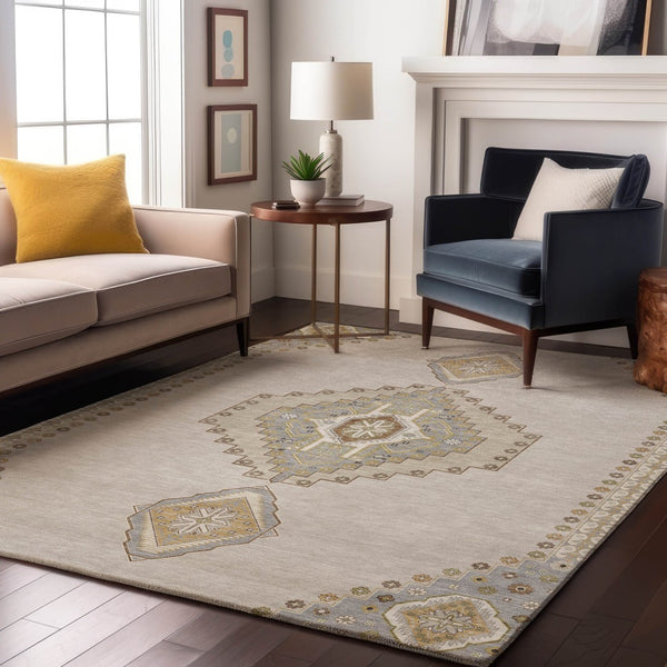 HomeRoots 9' X 12' Ivory Gray Beige Oriental Washable Area Rug with UV Protection for High-Traffic Spaces 679581