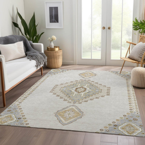 HomeRoots 9' X 12' Ivory Gray Beige Oriental Washable Area Rug with UV Protection for High-Traffic Spaces 679581