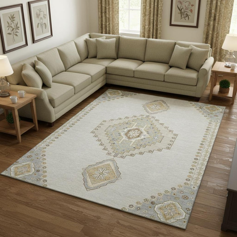HomeRoots 10' Ivory Gray and Beige Washable Oriental Area Rug - UV Protected, Stain Resistant, Durable Design 679582