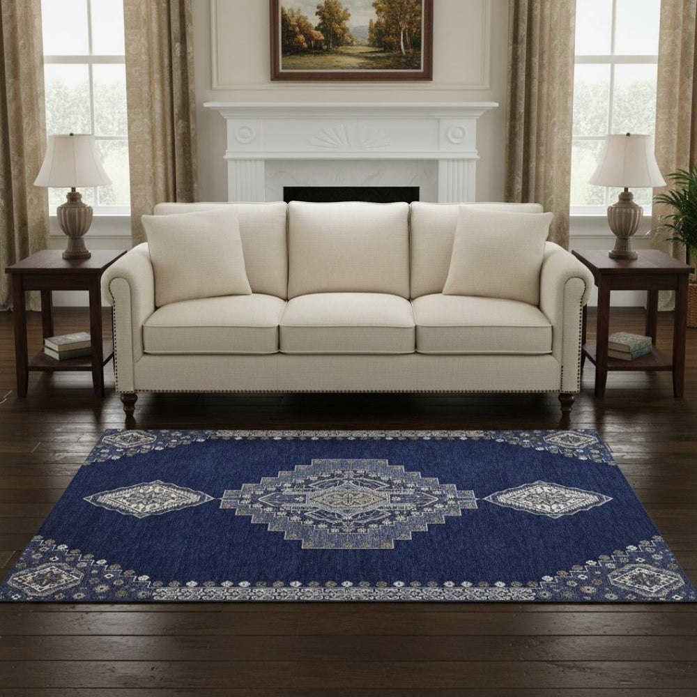 HomeRoots 5' X 8' Navy Blue, Ivory & Gray Oriental Area Rug – Washable, UV-Protected, Perfect for Families! 679584