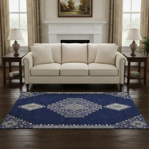 HomeRoots 5' X 8' Navy Blue, Ivory & Gray Oriental Area Rug – Washable, UV-Protected, Perfect for Families! 679584