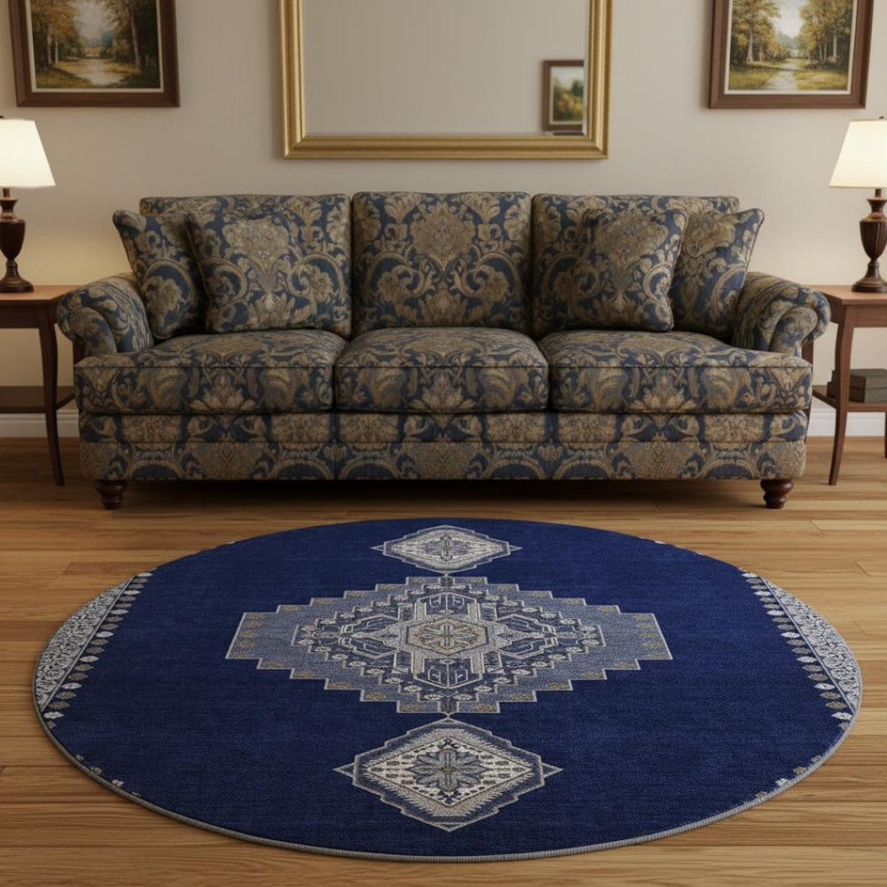 HomeRoots 8' Navy Blue, Ivory & Gray Oriental Round Rug - Washable, UV Protected, Durable for Busy Homes 679585