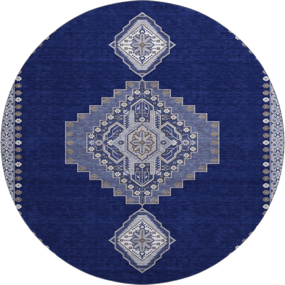 HomeRoots 8' Navy Blue, Ivory & Gray Oriental Round Rug - Washable, UV Protected, Durable for Busy Homes 679585