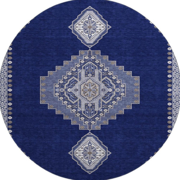 HomeRoots 8' Navy Blue, Ivory & Gray Oriental Round Rug - Washable, UV Protected, Durable for Busy Homes 679585