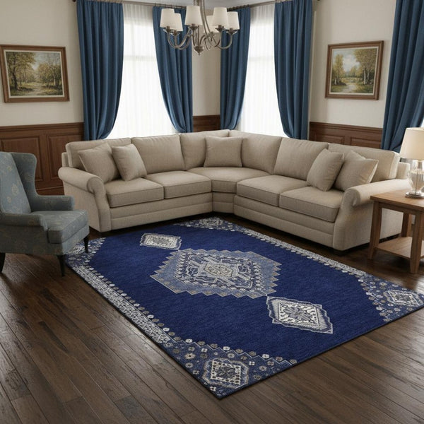 HomeRoots 8' X 10' Washable Navy Blue, Ivory & Gray Oriental Area Rug with UV Protection for Active Homes 679586