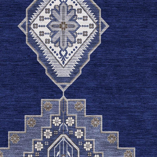 HomeRoots 8' X 10' Washable Navy Blue, Ivory & Gray Oriental Area Rug with UV Protection for Active Homes 679586