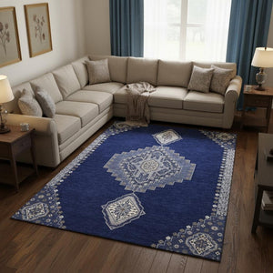 HomeRoots 9' X 12' Navy Blue Ivory Gray Oriental Area Rug – Washable, UV-Protected, Family-Friendly Flooring Solution 679587