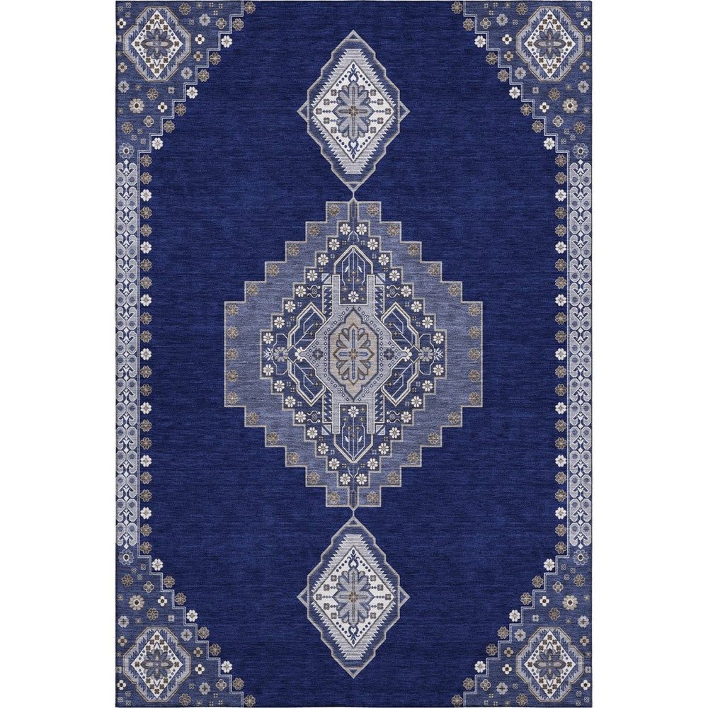 HomeRoots 9' X 12' Navy Blue Ivory Gray Oriental Area Rug – Washable, UV-Protected, Family-Friendly Flooring Solution 679587