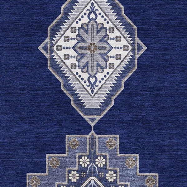 HomeRoots 9' X 12' Navy Blue Ivory Gray Oriental Area Rug – Washable, UV-Protected, Family-Friendly Flooring Solution 679587