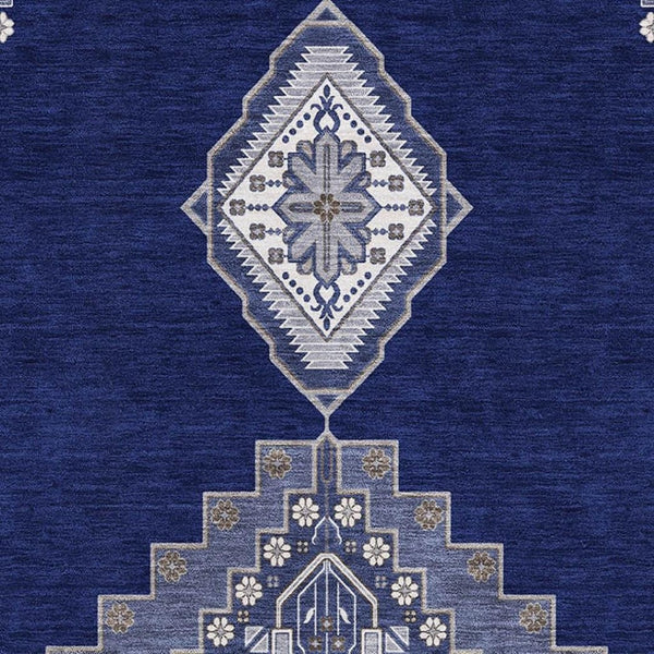 HomeRoots 9' X 12' Navy Blue Ivory Gray Oriental Area Rug – Washable, UV-Protected, Family-Friendly Flooring Solution 679587